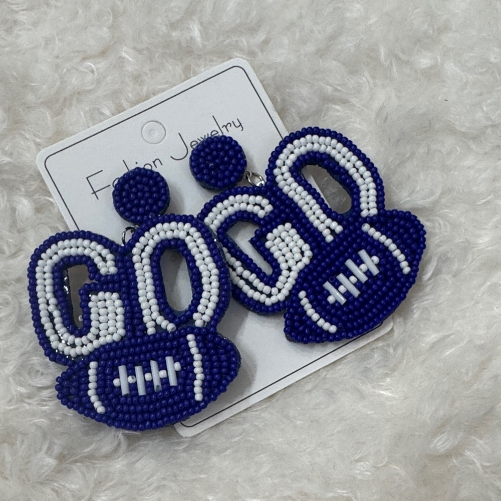 Blue and White Beaded football Earrings